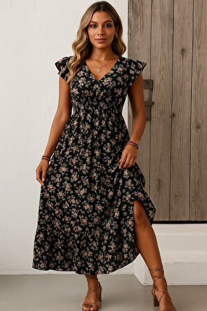 leyla sanat sanata yeni bir bakış açısı Kadın Kısa Kollu Kruvaze Yaka Beli Lastikli çiçek Desenli Elbise