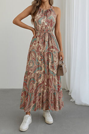 leyla sanat sanata yeni bir bakış açısı Kadın Halter Yakalı Omuzlardan Açık Kuşaklı Maksi Boy Desenli Süprem Elbise