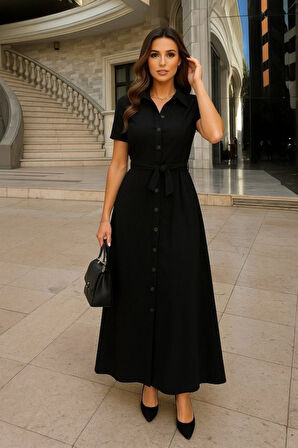 leyla sanat sanata yeni bir bakış açısı Kadın Kısa Kollu Yakalı önden Düğmeli Beli Kuşaklı Ithal Keten Elbise