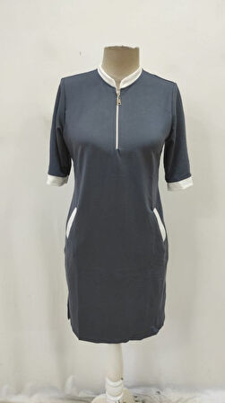 leyla sanat sanata yeni bir bakış açısı Kadın Kısa Kollu Yakadan Fermuarlı Cepli Yandan Yırtmaçlı Viskon Elbise