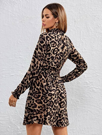 leyla sanat sanata yeni bir bakış açısı Kadın Yarım Balıkçı Yaka Uzun Kollu Leopar Desen Mini Elbise
