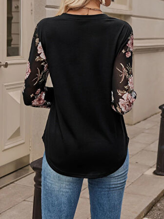leyla sanat sanata yeni bir bakış açısı Kadın Uzun Kollu Bisiklet Yakalı Kolun çiçek Desenli Viskon Iki Iplik Bluz