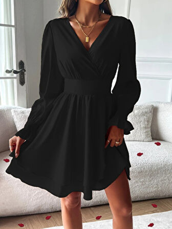 leyla sanat sanata yeni bir bakış açısı Kadın Uzun Kollu Kruvaze Yakalı Mini Sandy Elbise