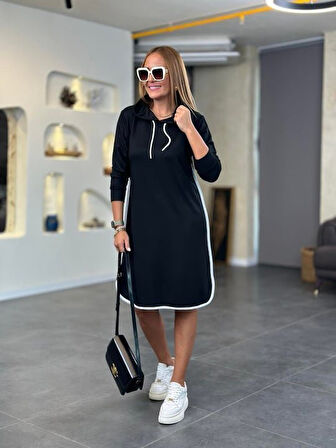 leyla sanat sanata yeni bir bakış açısı Kadın Uzun Kollu Kapüşon Ve Ribana Detay Diz üstü Elbise