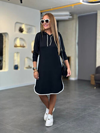 leyla sanat sanata yeni bir bakış açısı Kadın Uzun Kollu Kapüşon Ve Ribana Detay Diz üstü Elbise