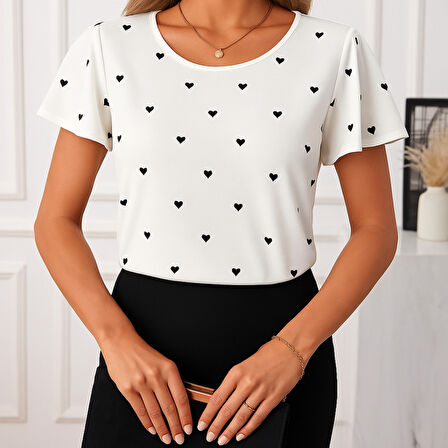 leyla sanat sanata yeni bir bakış açısı Kadın Kısa Kelebek Kollu Bisiklet Yaka Kalp Desenli Süprem Bluz