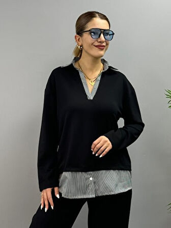 leyla sanat sanata yeni bir bakış açısı Polo Yaka Gömlek Detay Salaş Balon Pantolunlu ıkılı Takım