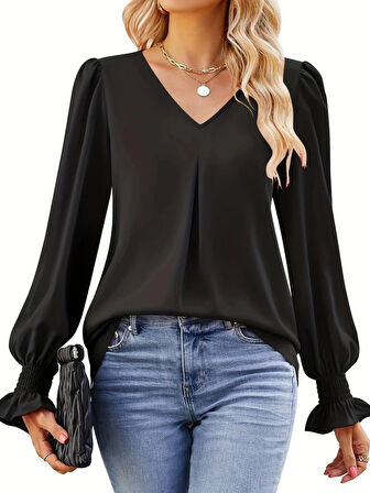 leyla sanat sanata yeni bir bakış açısı Kadın Uzun Kollu V Yakalı Salaş Ithal Krep Bluz