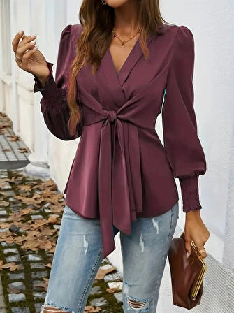 leyla sanat sanata yeni bir bakış açısı Kadın Uzun Kollu Kruvaze Yakalı önden Bağlamalı Ithal Krep Bluz