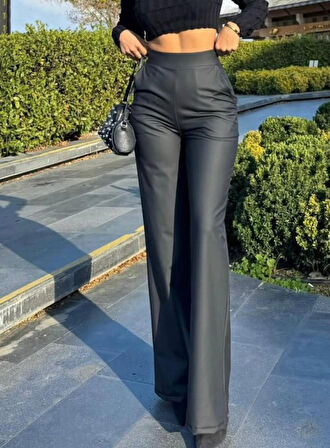 leyla sanat sanata yeni bir bakış açısı Kadın Yüksek Bel Cepli şardonlu Geniş Paçalı Mat Deri Pantolon