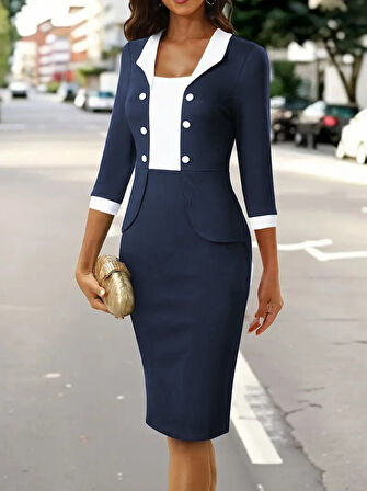 leyla sanat sanata yeni bir bakış açısı Kadın Truvakar Kol çift Renkli Düğmeli Kısa Ithal Krep Elbise