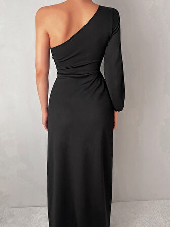 leyla sanat sanata yeni bir bakış açısı Tek Omuz Açık Derin Yırtmaçlı Krep Tam Boy Elbise