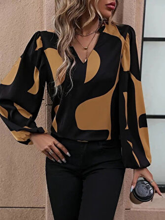 leyla sanat sanata yeni bir bakış açısı Kadın Uzun Kollu V Yakalı Desenli Modal Bluz