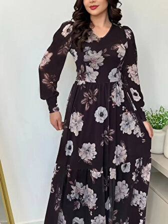 leyla sanat sanata yeni bir bakış açısı Kadın Uzun Kollu V Yakalı çiçek Desenli Maxi Süprem Elbise