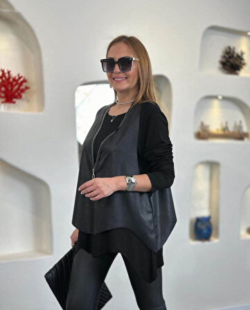 leyla sanat sanata yeni bir bakış açısı Kadın Uzun Kollu Asimetrik Kesim Viskon Bluz Ve çatlak Deri Görünümlü Yelek Ikili Takım