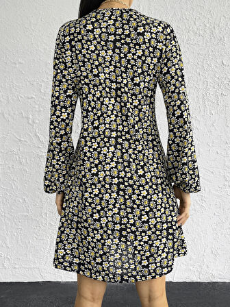 leyla sanat sanata yeni bir bakış açısı Kadın Uzun Kollu V Yaka çiçek Desenli Helen Kumaş Elbise