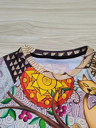 leyla sanat sanata yeni bir bakış açısı Kadın Uzun Kollu Bisiklet Yaka Kedi Baskılı Süprem Bluz