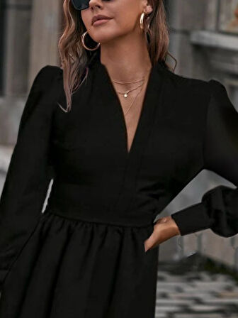 leyla sanat sanata yeni bir bakış açısı Kadın Uzun Kollu V Yaka Belden Hafif Pileli Scuba Krep Mini Boy Elbise