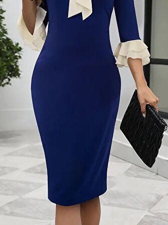 leyla sanat sanata yeni bir bakış açısı Kadın Truvakar Kollu Fiyonk Yakalı Midi Ithal Krep Elbise