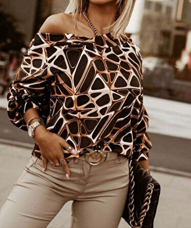 leyla sanat sanata yeni bir bakış açısı Kadın Uzun Kollu V Yaka Düşük Omuz Geometrik Desen şardonlu Dalgıç Bluz