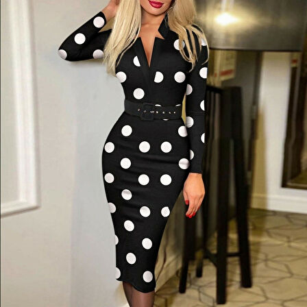leyla sanat sanata yeni bir bakış açısı Kadın Uzun Kollu V Yaka Puantiyeli Krep Midi Boy Elbise
