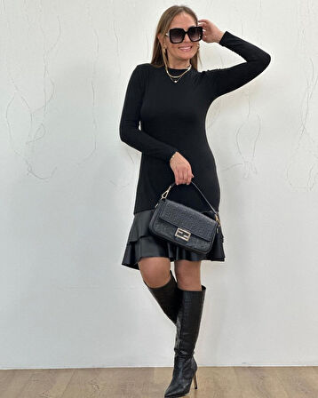 leyla sanat sanata yeni bir bakış açısı Kadın Uzun Kollu Bisiklet Yaka üst Viskon Etek Ucu Deri Kısa Elbise