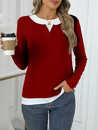 leyla sanat sanata yeni bir bakış açısı Kadın Uzun Kollu V Yakalı çift Renkli Viskon Iki Iplik Bluz