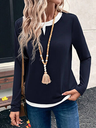 leyla sanat sanata yeni bir bakış açısı Kadın Uzun Kollu V Yakalı çift Renkli Viskon Iki Iplik Bluz