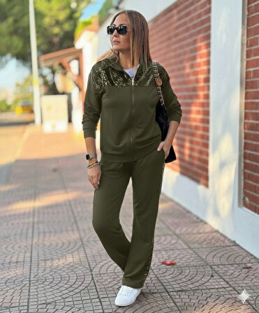 leyla sanat sanata yeni bir bakış açısı Kadın Uzun Kollu önden Fermuarlı Pul Payetli Alt üst Viskon Iki Iplik Takım