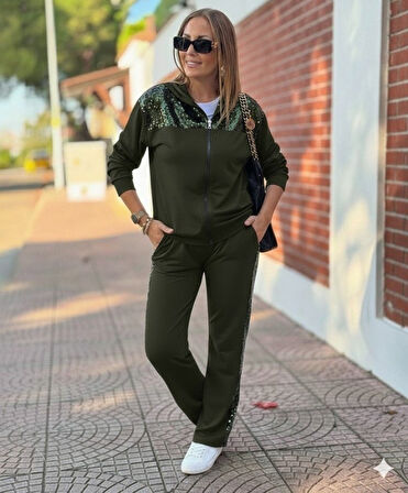 leyla sanat sanata yeni bir bakış açısı Kadın Uzun Kollu önden Fermuarlı Pul Payetli Alt üst Viskon Iki Iplik Takım