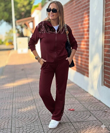 leyla sanat sanata yeni bir bakış açısı Kadın Uzun Kollu önden Fermuarlı Pul Payetli Alt üst Viskon Iki Iplik Takım