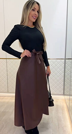 leyla sanat sanata yeni bir bakış açısı Kadın Belden Kuşaklı Uzun Deri Etek