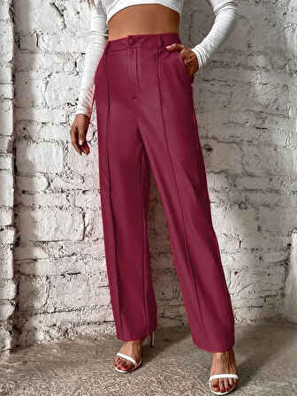 leyla sanat sanata yeni bir bakış açısı Kadın önden Fermuarlı Cepli Geniş Kesim Lame Deri Pantolon