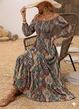 leyla sanat sanata yeni bir bakış açısı Kadın Düşük Omuzlu Beli Büzgülü Dijital Desenli Kesik Elyaf Süprem Uzun Elbise