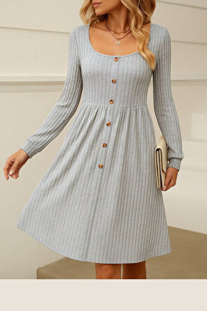 leyla sanat sanata yeni bir bakış açısı Kadın Uzun Kollu Kare Yaka Düğmeli Kısa şardonlu Iki Iplik Mini Elbise