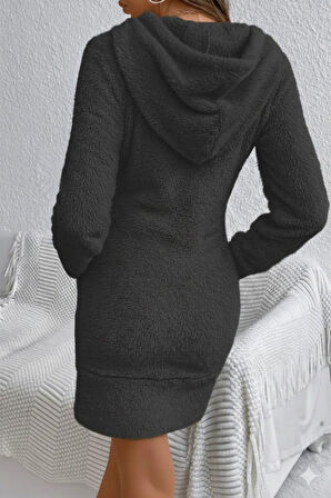 leyla sanat sanata yeni bir bakış açısı Kadın Uzun Kollu Kapşonlu Cepli Mini Peluş Elbise
