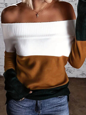 leyla sanat sanata yeni bir bakış açısı Kadın Uzun Kollu Omuzlardan Açık Uzun Kollu Blok çizgili Triko Bluz