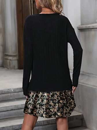 leyla sanat sanata yeni bir bakış açısı Kadın Uzun Kollu Bisiklet Yaka şardonlu Kaşkorse Bluz Ve Süprem Etek Elbise