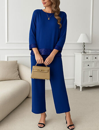 leyla sanat sanata yeni bir bakış açısı Kadın Uzun Kollu Bisiklet Yaka Pulpayetli Viskon Iki Iplik Bluz Ve Pantolon Ikili Takım