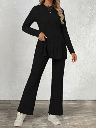 leyla sanat sanata yeni bir bakış açısı Kadın Uzun Kollu Bisiklet Yaka Yandan Yırtmaçlı şardonlu Kaşkorse Bluz Ve Pantolon Ikili Takım