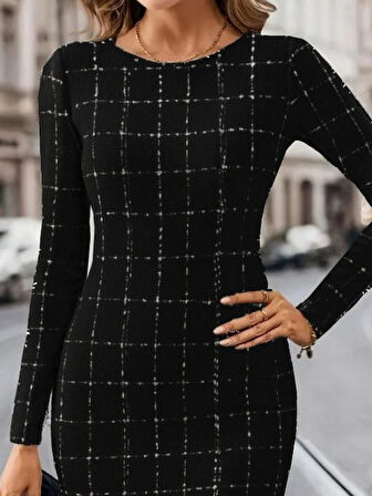 leyla sanat sanata yeni bir bakış açısı Kadın Uzun Kollu Yuvarlak Yaka Mini Dokuma Elbise