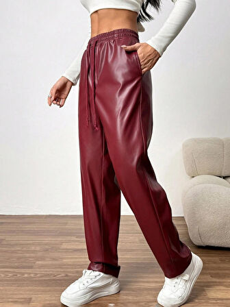 leyla sanat sanata yeni bir bakış açısı Kadın Yüksel Bel Bağcıklı Deri Pantolon