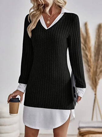 leyla sanat sanata yeni bir bakış açısı Kadın Uzun Kollu Yakalı şardonlu Kaşkorse Dokuma Detaylı Elbise