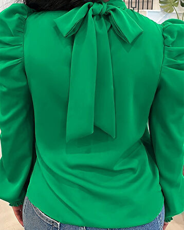 leyla sanat sanata yeni bir bakış açısı Kadın Uzun Kollu Balıkçı Yaka Arkadan Bağlamalı Omuzlardan Balon Ithal Krep Bluz