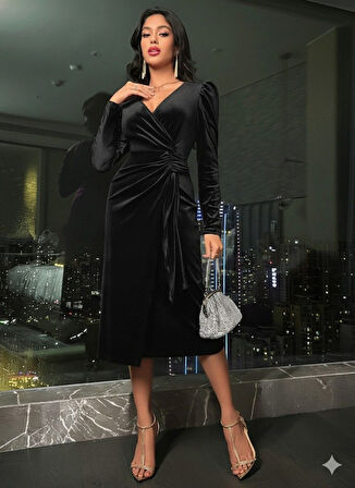 leyla sanat sanata yeni bir bakış açısı Kadın Uzun Kollu Kruvaze Yakalı Yandan Büzgülü Midi Kadife Elbise