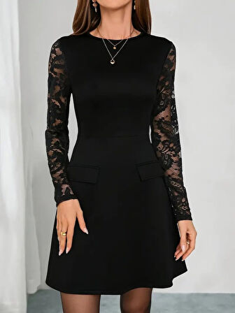 leyla sanat sanata yeni bir bakış açısı Kadın Uzun Kollu Bisiklet Yaka Kolları Tül Detaylı Mini Ithal Krep Elbise