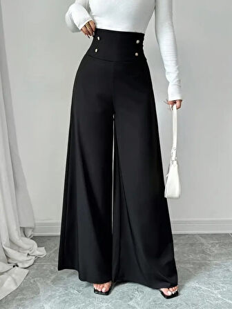 leyla sanat sanata yeni bir bakış açısı Kadın Yüksek Bel Düğmeli Geniş Paçalı Ithal Krep Pantolon