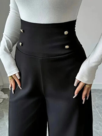 leyla sanat sanata yeni bir bakış açısı Kadın Yüksek Bel Düğmeli Geniş Paçalı Ithal Krep Pantolon