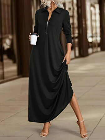 leyla sanat sanata yeni bir bakış açısı Kadın Uzun Kollu Yakalı önden Fermuarlı Uzun Viskon Iki Iplik Elbise