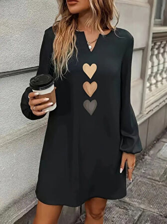 leyla sanat sanata yeni bir bakış açısı Kadın Uzun Kollu V Yakalı Kalp Desenli Mini Ithal Krep Elbise